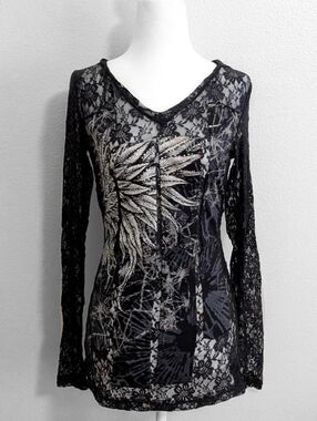 2000s Bus Stop Black Lace Hooded Long Sleeve Top Grunge Y2K Angel Wing | Size L
